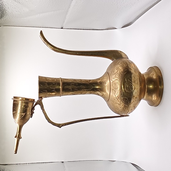 Vintage Etched, Long Neck, Brass Decorative Pitcher With Lid. Made in India - Picture 2 of 5